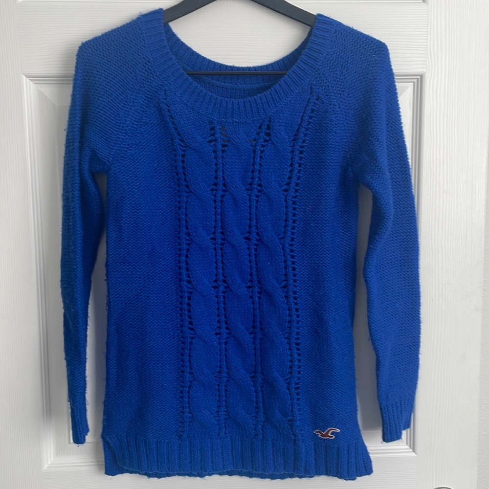 Vintage Hollister Royal Blue Cable Knit Cozy Longline Split Hem WideNeck Sweater